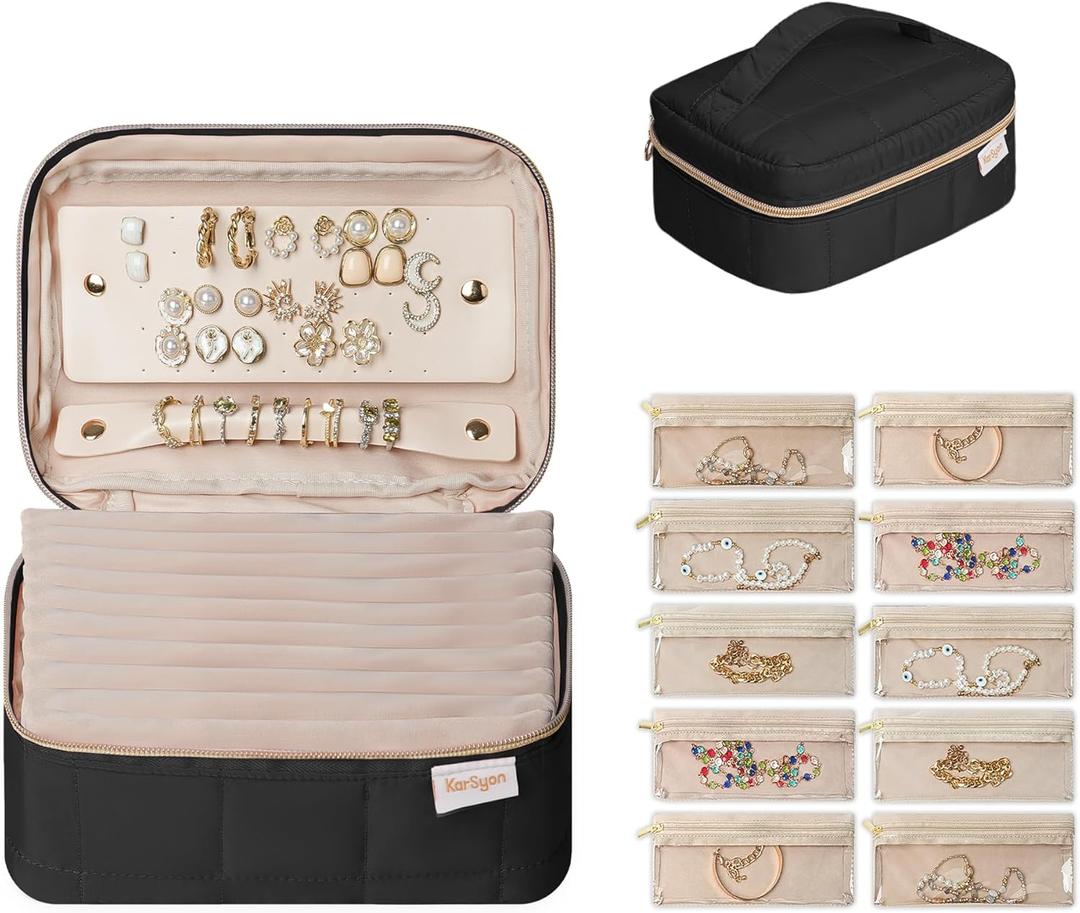 KarSyon Travel Jewelry Case Organizer Jewelry Box with 10 Velvet Pouches Mini Jewelry Organizers Storage for Girls/Women Small Cute Puffer Bags for Earrings,Rings,Necklaces,Bracelets (Black, Large)