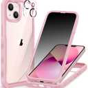 CENHUFO for iPhone 14 Case/iPhone 13 Case, Privacy Phone Cover with Built-in Anti Peep Tempered Glass Privacy Screen Protector and Camera Lens Protective Full Body Shockproof Clear Bumper - Pink