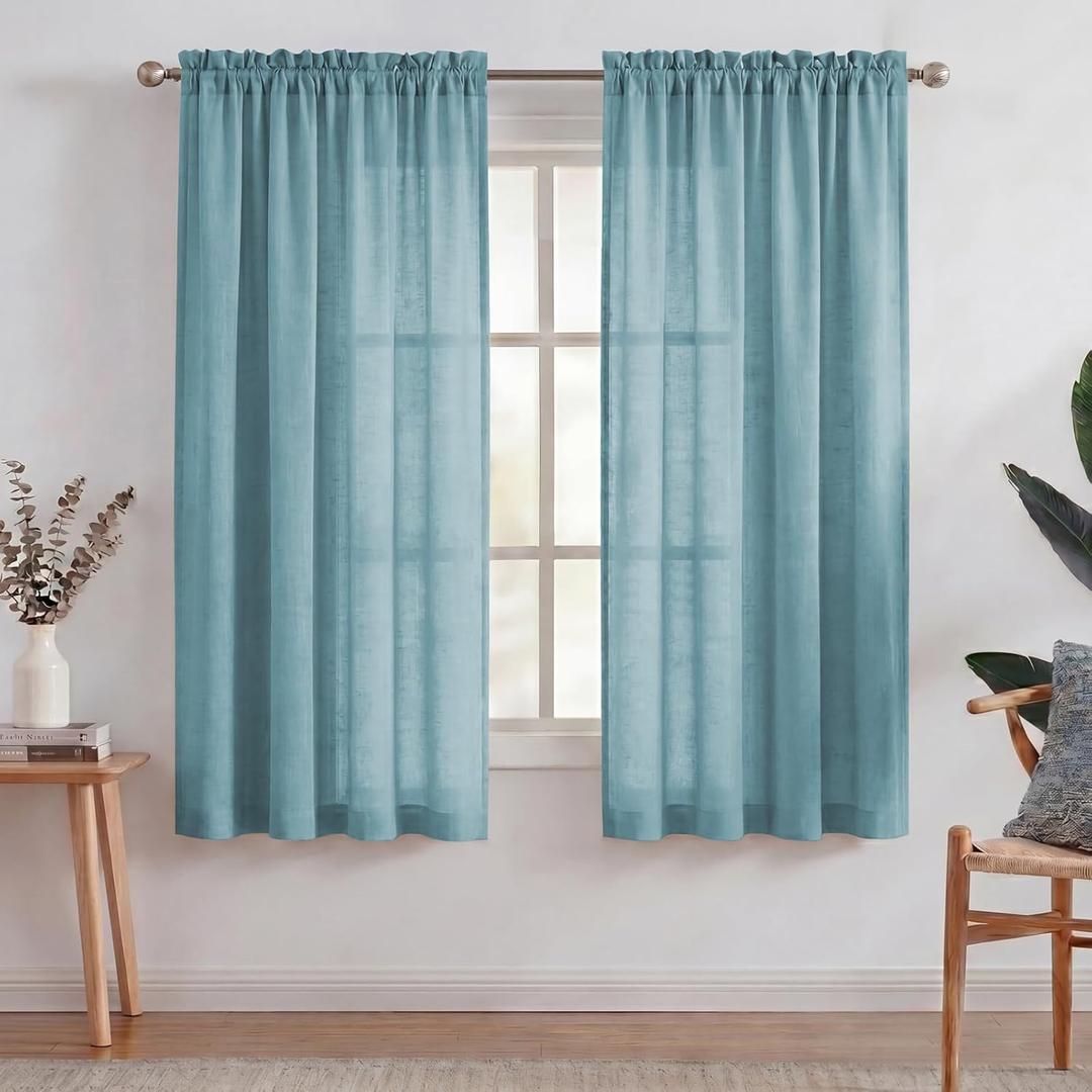 Turquoize Linen Curtains for Bedroom Natural Linen Curtain Panels Casual Weave Textured Privacy Linen Blended Window Treatment Curtains for Living Room, 2 Panels, Wide 52 x Long 63, Turquoise Blue