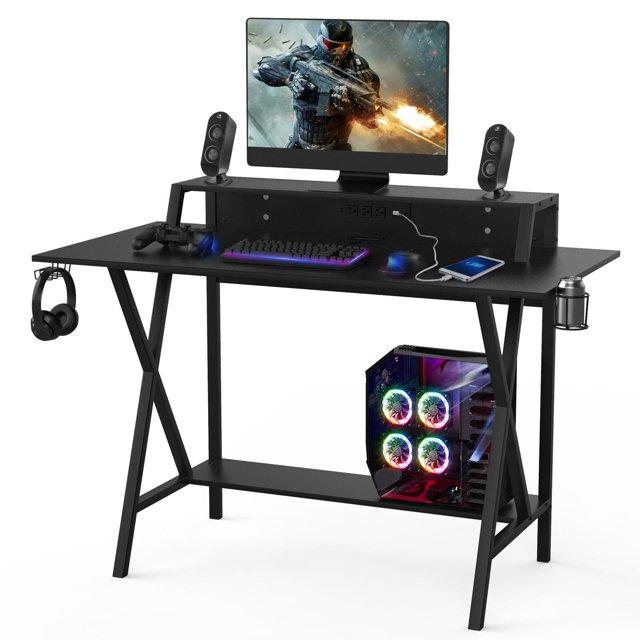 Giantex Gaming Desk, Computer Workstation w/Cup & Headphone Holder, Socket of 3-Outlet & 2 USB Ports, Multifunctional Writing Desk for Home Office