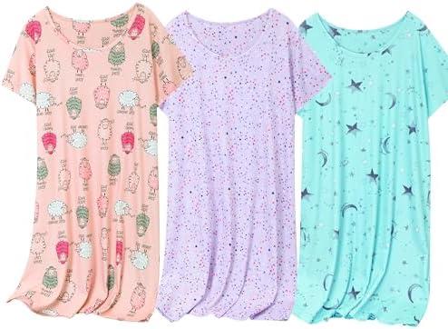 NoirEle 3 Pack Women's Cotton Nightgown Sleepwear Short Sleeve Sleepshirt Casual Print Sleepdress Cotton Sleepwear, Large
