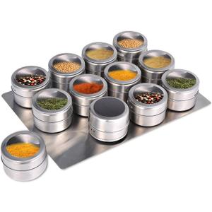 Upgrade Magnetic Spice Jars 12pcs with Wall Mounted,Stainless Steel Spice Tins with Lid and Small Holes for Sprinkle Rust Free Easy to Clean Includes 94 Labeling Stickers by Beeyoka