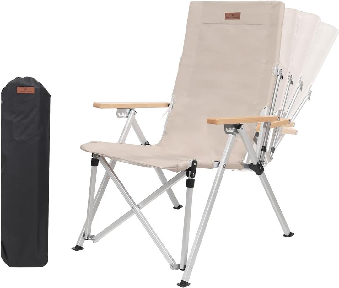 Folding Camping Chair Portable Chairs for Adults Adjustable High Back Outdoor Comfortable Chair with Storage Bag (Khaki)