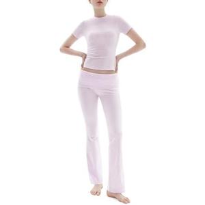 PUMIEY Women's 2 Piece Lounge Sets Short Sleeve Tops Fold-Over Flare Pants Casual Outfits Matching Set Nap Collection Size XS