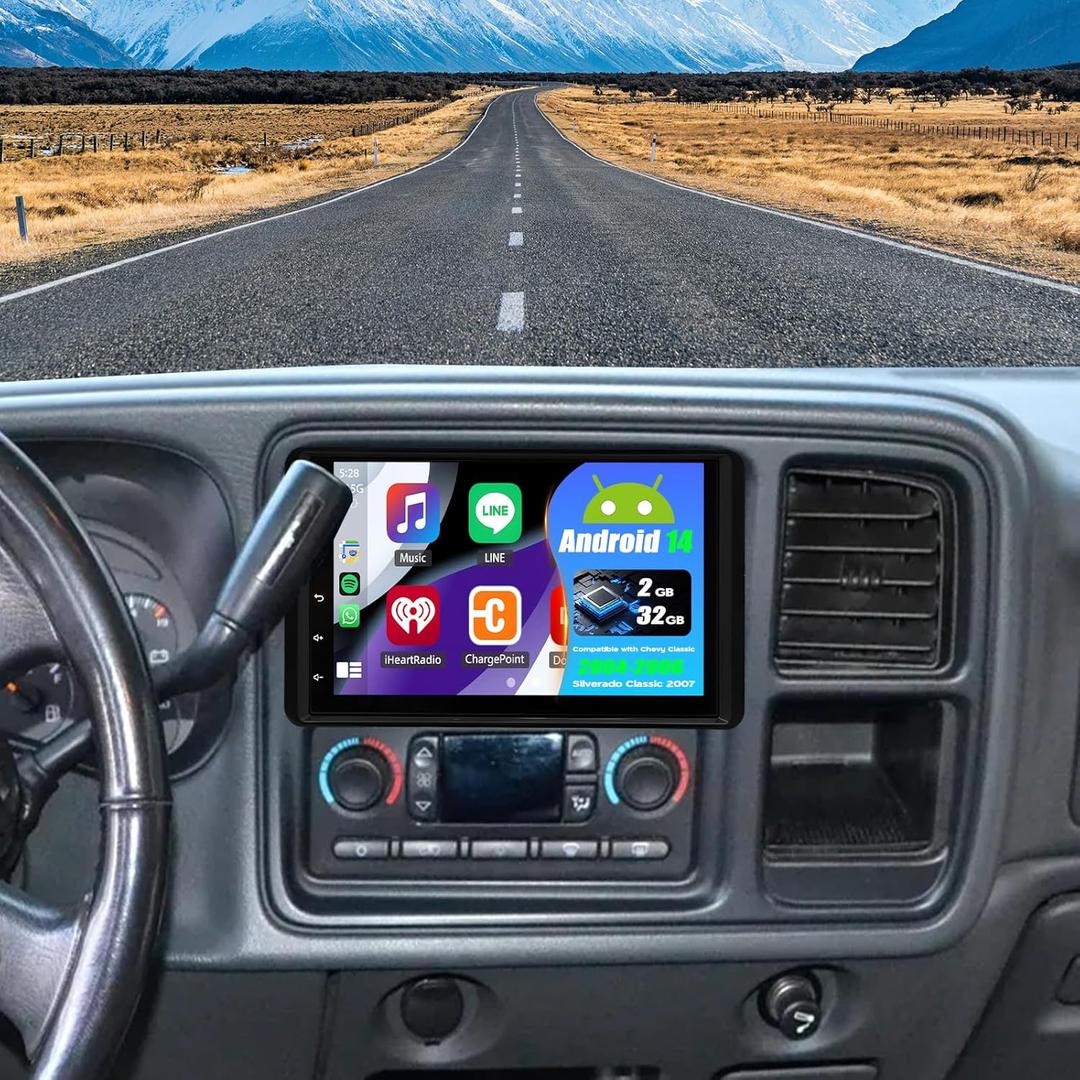 Android 14 Double Din Car Stereo Radio for Chevy Classic 2004-2007 Silverado Classic 2007,7" Touchscreen Wireless Carplay Android Auto GPS WiFi Bluetooth RDS SWC Mirrorlink Mic Backup Camera