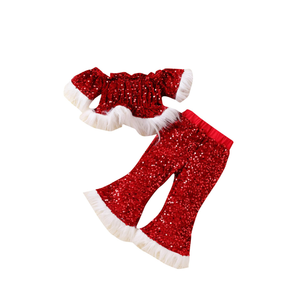 IMEKIS Toddler Baby Girl Christmas Elf Outfits Velvet Santa Claus Cosplay Top with Flare Pants Winter Xmas Halloween Costumes 3-4T