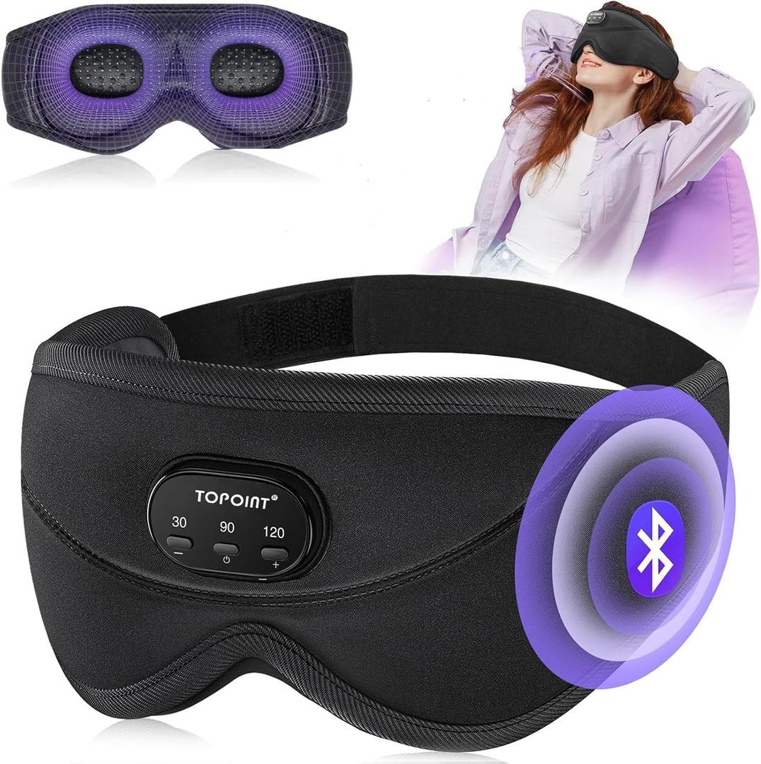 TOPOINT Sleep Mask with Bluetooth Headphones, 3D Eye Mask for Sleep Headphones with White Noise, Total Blackout, 5.4 Bluetooth, Timer, 15 Hours for Women Men, Travel, Meditation, Nap, CPAP Users, Bl