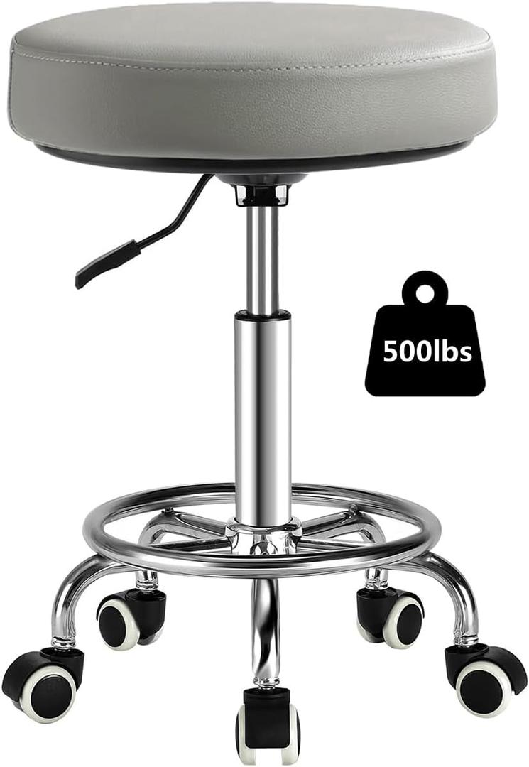 Rolling Stool with Wheels, Comfort Cushion Professional Swivel Drafting Stool, Height Adjustable Heavy Duty 500 lb Stool with Silent Casters and Foot Ring for Salon Tattoo Clinic Home Office, Grey, Standard
