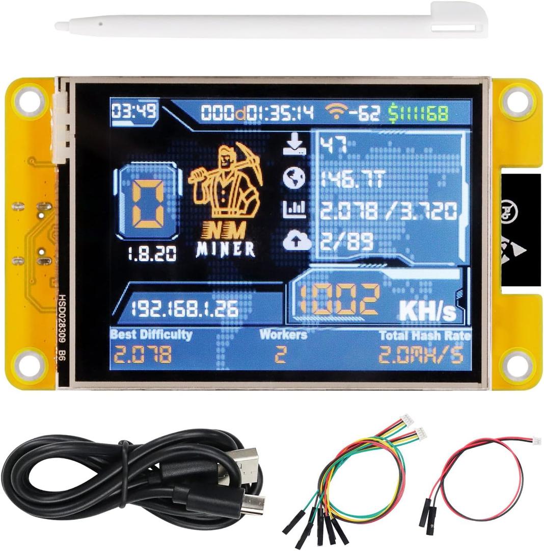 Freenove Bitcoin Miner NMMiner NerdMiner, ESP32 CYD 2.8 Inch Touch Display, 240x320 Pixel TN TFT LCD Screen ILI9341 Driver, Dual-core 32-bit 240 MHz Microcontroller WiFi+BT, C Code LVGL Tutorial