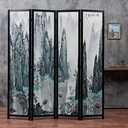 MyGift 4-Panel 6FT Folding Room Divider Asian Watercolor Oriental Landscape and Chinese Calligraphy Design with Freestanding Room Partitioner Screen with Black Wood Frame 63''W x 69''H