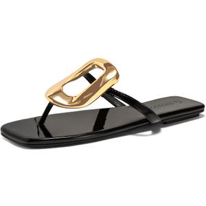 Coutgo Womens Flat Sandals Comfortable Flip Flops Slide Sandals Summer Beach Shoes with Metal Decoration (10, Black)