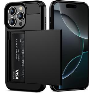 Vofolen Compatible with iPhone 16 Pro Case with Card Holder Dual Layer Heavy Duty Drop Protection Hidden Sliding Card Slot Slim Wallet Phone Case for iPhone 16 Pro for Women Men, 6.3 Inch Black