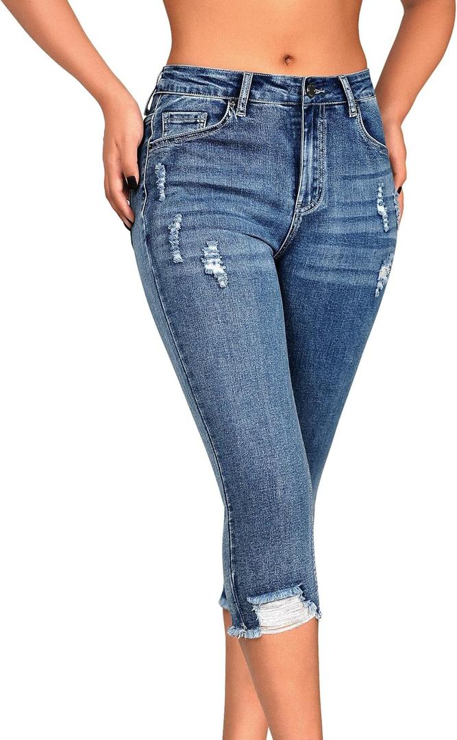 roswear Women's Capri Pants Mid Rise Skinny Ripped Stretchy Cropped Distressed Jeans (Large, Light Blue)