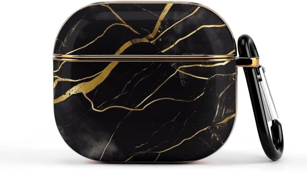 Hard Shell Headphone Case Black and Gold Marble Texture Protective Cover High Drop Protection with Keychain Bluetooth Earphone Case