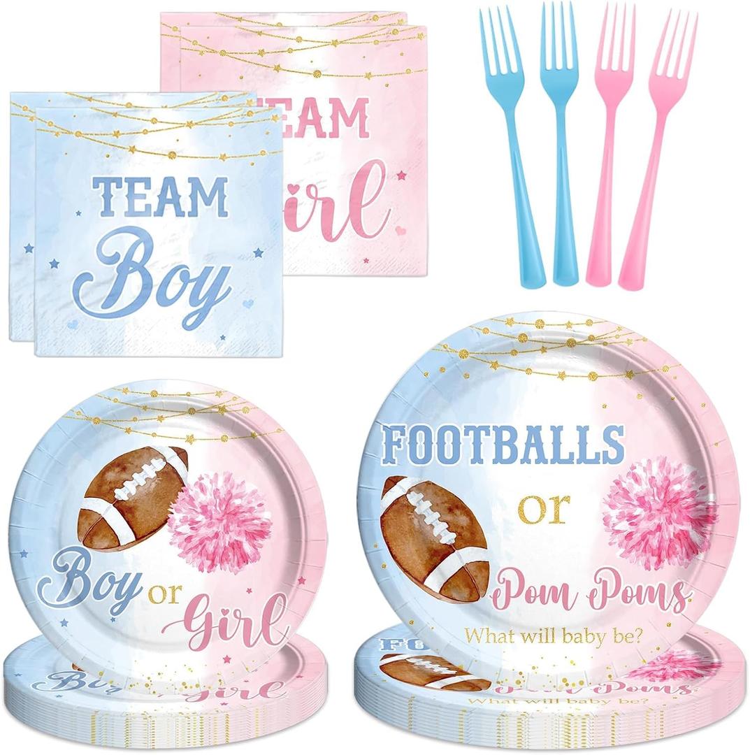 Football or Pom Poms Gender Reveal Decorations Tableware Set, Baby Gender Reveal Party Supplies with Touchdown Boy or Girl Plates, Napkins, Forks, Serves 24 Guests