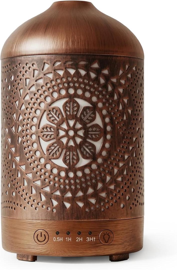 Earnest Living Essential Oil Diffuser Metal Diffuser 100 ml Timers Night Lights and Auto Off Function Home Office Humidifier Aromatherapy Boho Decor Gift