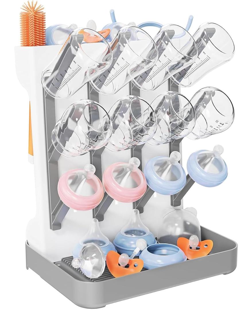 Baby Bottle Drying Rack, Vertical Bottle Rack Dryer Space Saving Bottle Drying Rack Countertop Organizer with Brush Holder for Bottles & Baby Accessories Pacifiers and Pump Part- BPA-Free (Gray)
