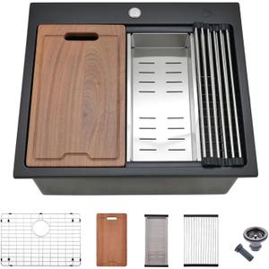 23 Inch Drop in kitchen sink Workstation Black - VOKIM 23"x22" Black Drop-In Top Mount sink Single Bowl Quartz Sink with Cutting Board