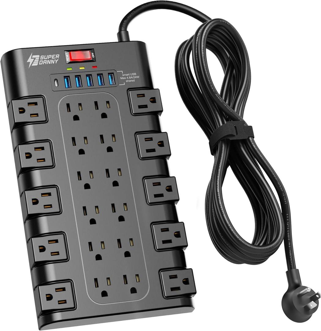 Power Strip Surge Protector, SUPERDANNY 15Ft Long Extension Cord with 6 USB Charging Ports and 22 AC Outlets, 1875W/ 15A, 2100 Joules, Flat Plug Power Outlet for Home, Office, Dorm, Gaming Room, Black