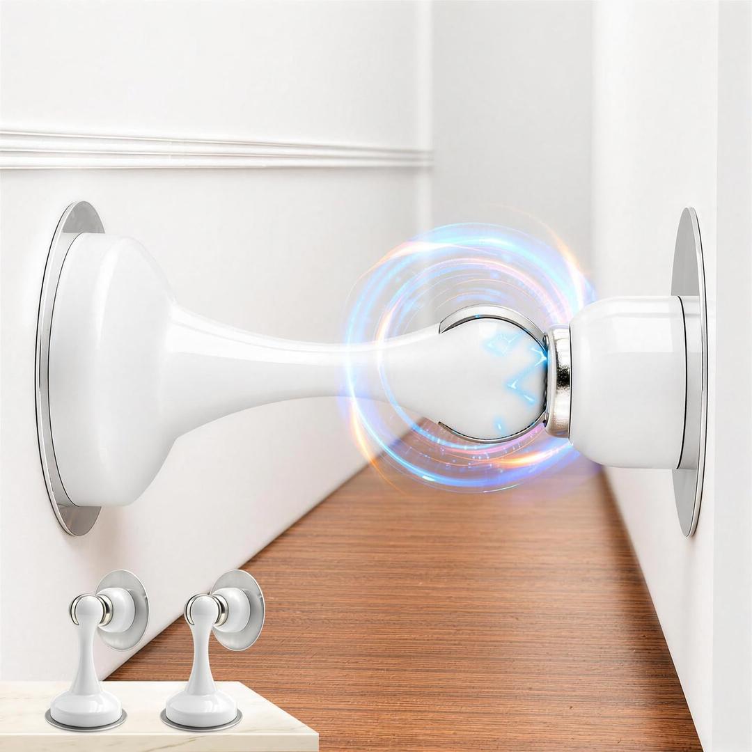 2 Pack Magnetic Door Stop No Drilling Door Stop with 3D Adhesive Tapes Keep Door Open Door Stainless Steel Screws for Stronger Mount (White)