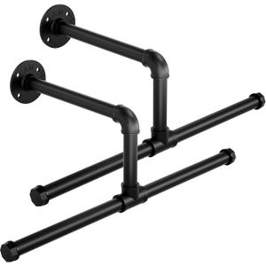ERYTLLY Industrial Pipe Wall Mounted Clothes Rack,21.2 Inches Heavy Duty Detachable Garment Rack,Multi-purpose Hanging Rod for Closet,Set of 2,Black