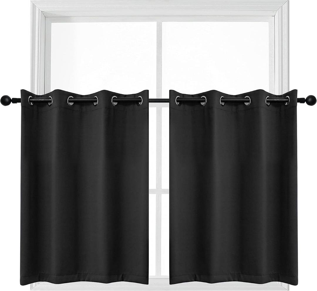 YGO 36 Inches Blackout Curtains Kitchen Window Valances Half Long Short Drapes Room Darkening Thermal Insulated Tiers Blinds for Bedroom and Bathroom 52 W by 36 L Black Double Panells
