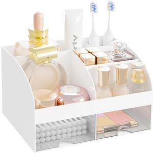 Makeup Organizer with 2 Drawers, Cosmetic Storage for Dresser Vanity and Bathroom Countertop, Make up organization and Skincare Storage with Beauty Brush Holder, Cosmetic Display Case (White)