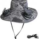 Solar Fan Hat Rechargeable 2 Detachable Solar Fans, Water-Repellent Wide Brim Bucket Hat, Outdoor Camping Hiking Golf Sun Hat (GrayscalePrinting)