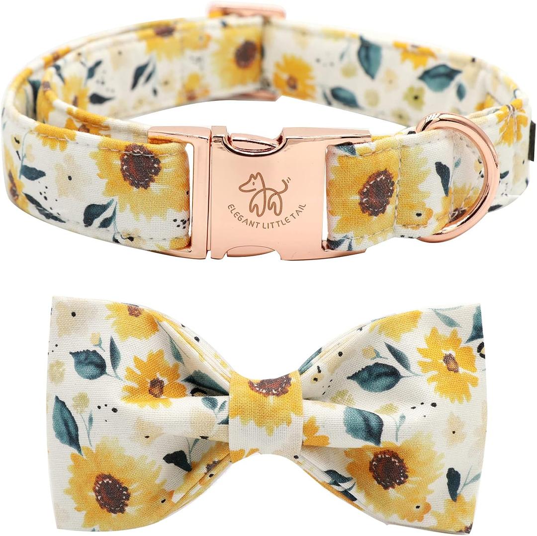 Elegant little tail Sunflower Print Dog Collar, Girl Dog Collar with Bow Adjustable Soft Bow tie Dog Collars for Medium Dogs (Medium (Pack of 1))