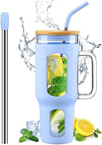 WINSA Glass Tumbler with Lid and Straw, 46 oz Iced Coffee Cup with Handle, Large Water Bottles with Silicone Sleeve, Glass Cup with Straws - Pearl Straw & Drinking Straw BPA Free-Glacier