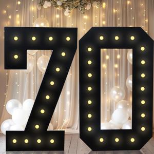 4FT Marquee Light Up Numbers, Black Giant Marquee Number Big Mosaic Number for 40th Birthday Party Decorations Backdrop 70 Anniversary Decor, Pre-Cut Frame Large Number 70