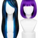 Baruisi Long Blue Black Wig Silky Straight Synthetic Heat Resistant Side Bangs Halloween Costume Hair And 
Purple Bob Wig with Heart Sunglasses - Heat-Resistant, Synthetic Fiber, Adjustable and Natural Looking
