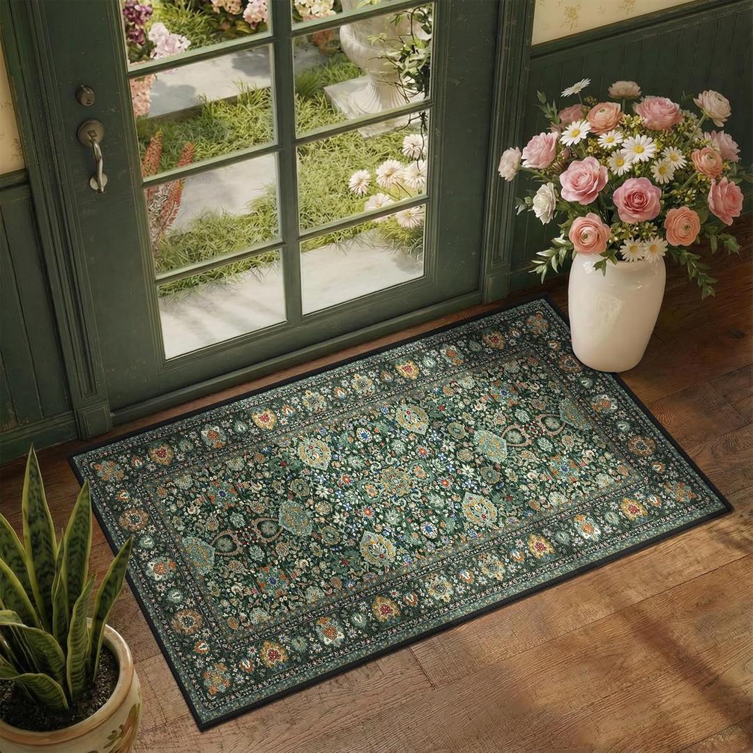 Dark Green Runner Rug 2x4 Rugs Boho Small Washable Runner Rugs for Entryway Bathroom Kitchen, Small Rugs Soft Low Pile Non-Slip Rubber Backing Oriental Door Mat