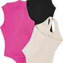 WDIRARA Women's 3 Pack Outfit Set Solid Color Sleeveless Casual Bodysuit Shirt (XL)