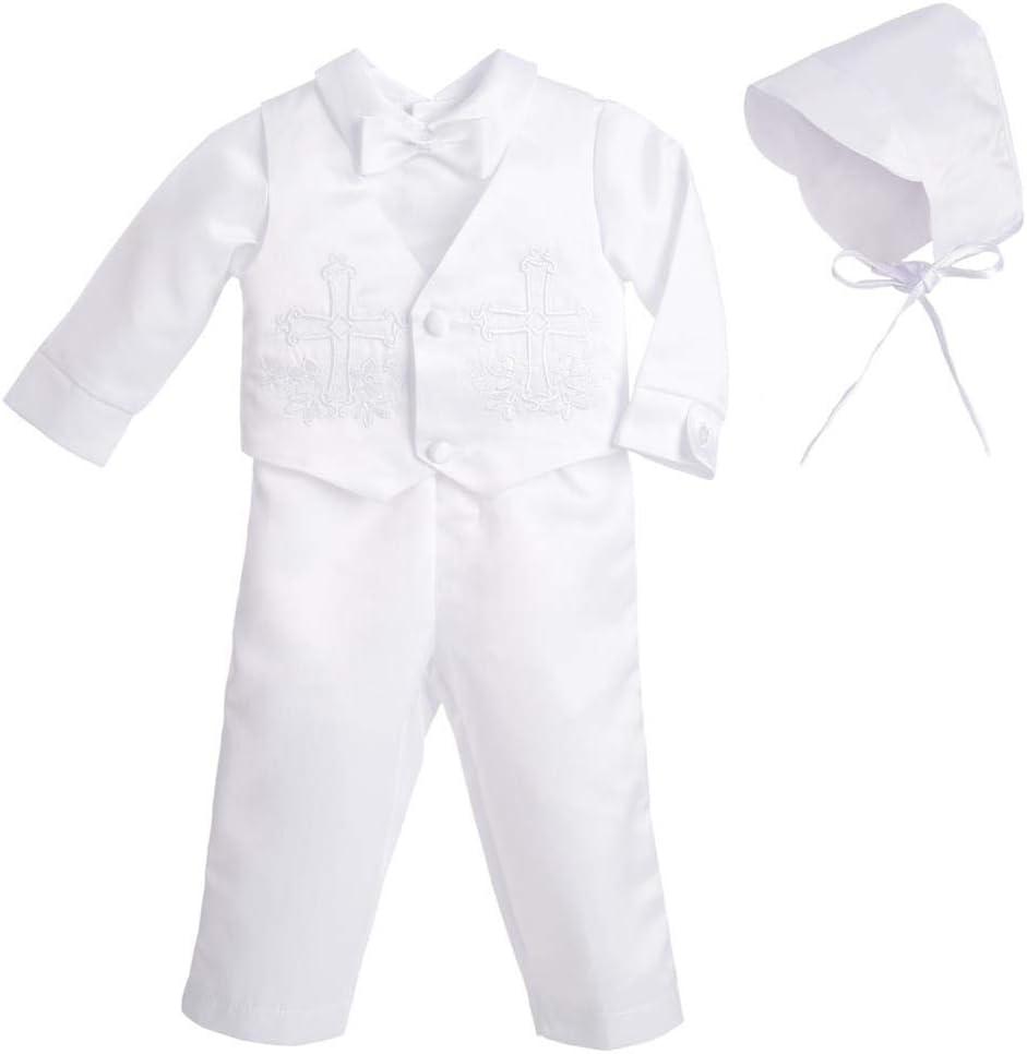Dressy Daisy Baby Boys Christening Clothing Baptism Outfits with Bonnet Short Long Sleeve White Suit (0-3 Months)
