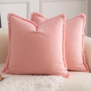 MANDIOO Set of 2 Neutral Cotton Fringe Throw Pillow Covers Decorative Boho Farmhouse Cushion Covers Cozy Tassels Pillowcase for Couch Sofa Bedroom Living Room Home Decor 20x20 Inch Pink
