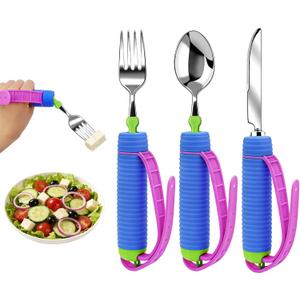 3 Pcs Adaptive Utensils for Disability, 360Gadgets Swivel Fork Spoon with Adjustable Silicone Strap for Weak Hand Grip & Handicapped & Parkinsons Travel Eating Utensils for Disabled, Elderly