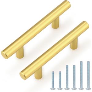 Probrico 10 Pack 3 Inch Center-to-Center Kitchen Cabinet Pulls T Bar Gold Cabinet Handles Modern Drawer Hardware Dresser Pulls, 5 Inch Total Length