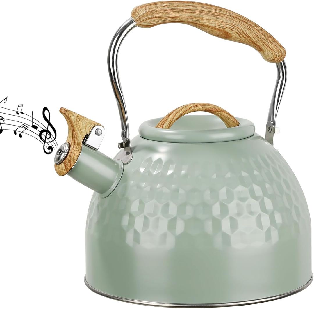 Stainless Steel Whistling Tea Kettle 3 L Tea Kettle Stovetop Teapot Hot Water Kettle w Whistle Spout, Fast Boiling Electric Kettle Stove Top Food Grade Coffee Milk Kettle Pot Folding Handle -Green