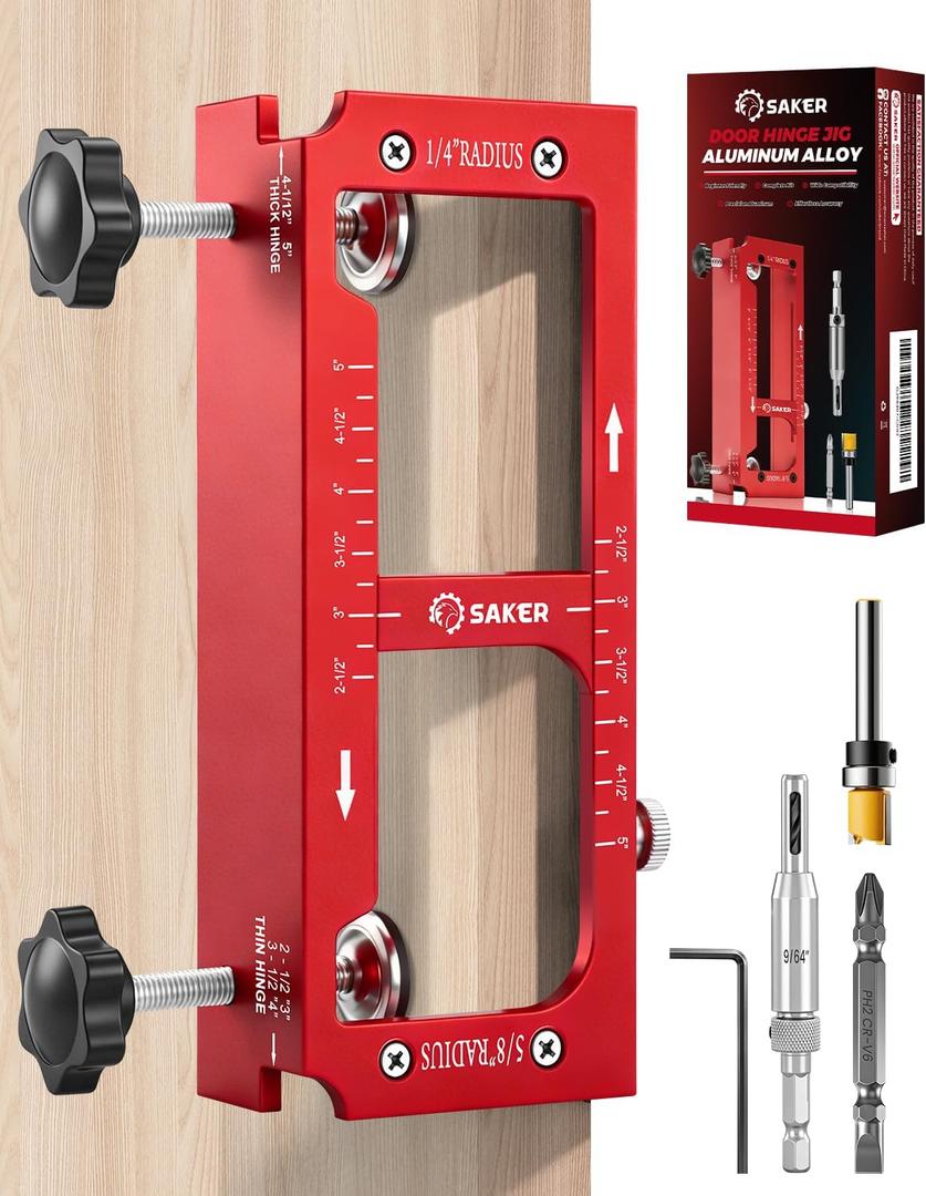 Saker Door Hinge Jig,Adjustable Door Jamb Hinge Jig,Aluminum Alloy Doors Hinges Router Jigs,Fits Door Hinges from 2.5" to 5" Length and Thicknesses,Radius 1/4 or Radius 5/8