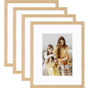 8x10 Picture Frame Set of 4, Displays 5x7 with Mat or 8x10 Without Mat, Photo Frames for Wall Hanging or Tabletop, Includes HD Plexiglass, Light Wood Grain