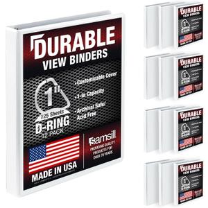 Samsill Durable 1 inch 3 Ring Binder, D Ring Binder, 100% Recycled Chipboard, White, 12 Pack