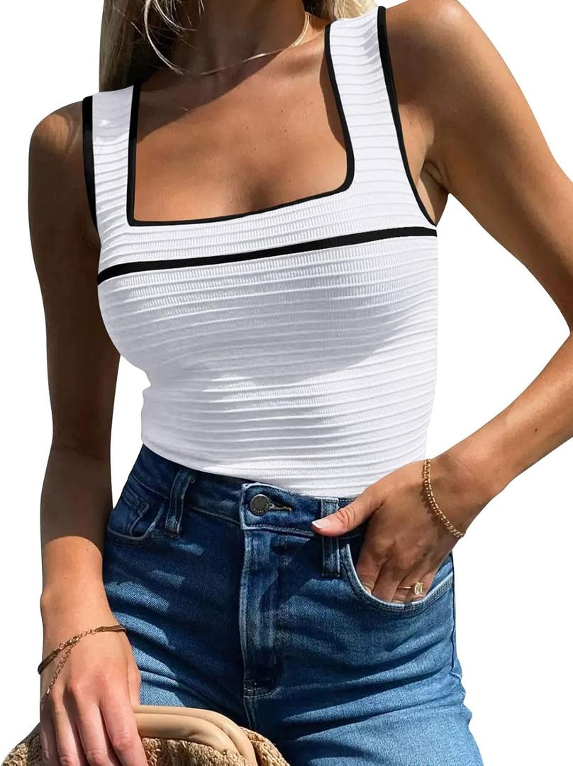 Women's Square Neck Tank Top Knit Ribbed Basic Tops Summer Casual Y2K Color Block Sleeveless Cami Tank Tops (White)