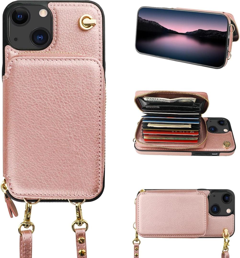 Bocasal Crossbody Wallet Case for iPhone 14/13, RFID Blocking Leather Purse Case with Card Holder, Protective Handbag Flip Cover with Zipper Wrist Strap Lanyard for Women 5G 6.1 Inch (Rose Gold)