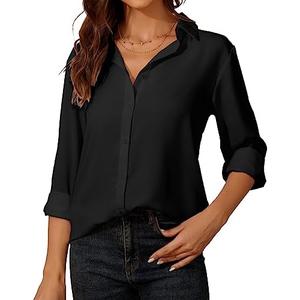 YAMANMAN Womens Button Down Shirt Long Sleeve Classic Collared Tops Work Office Casual Chiffon Blouse.L