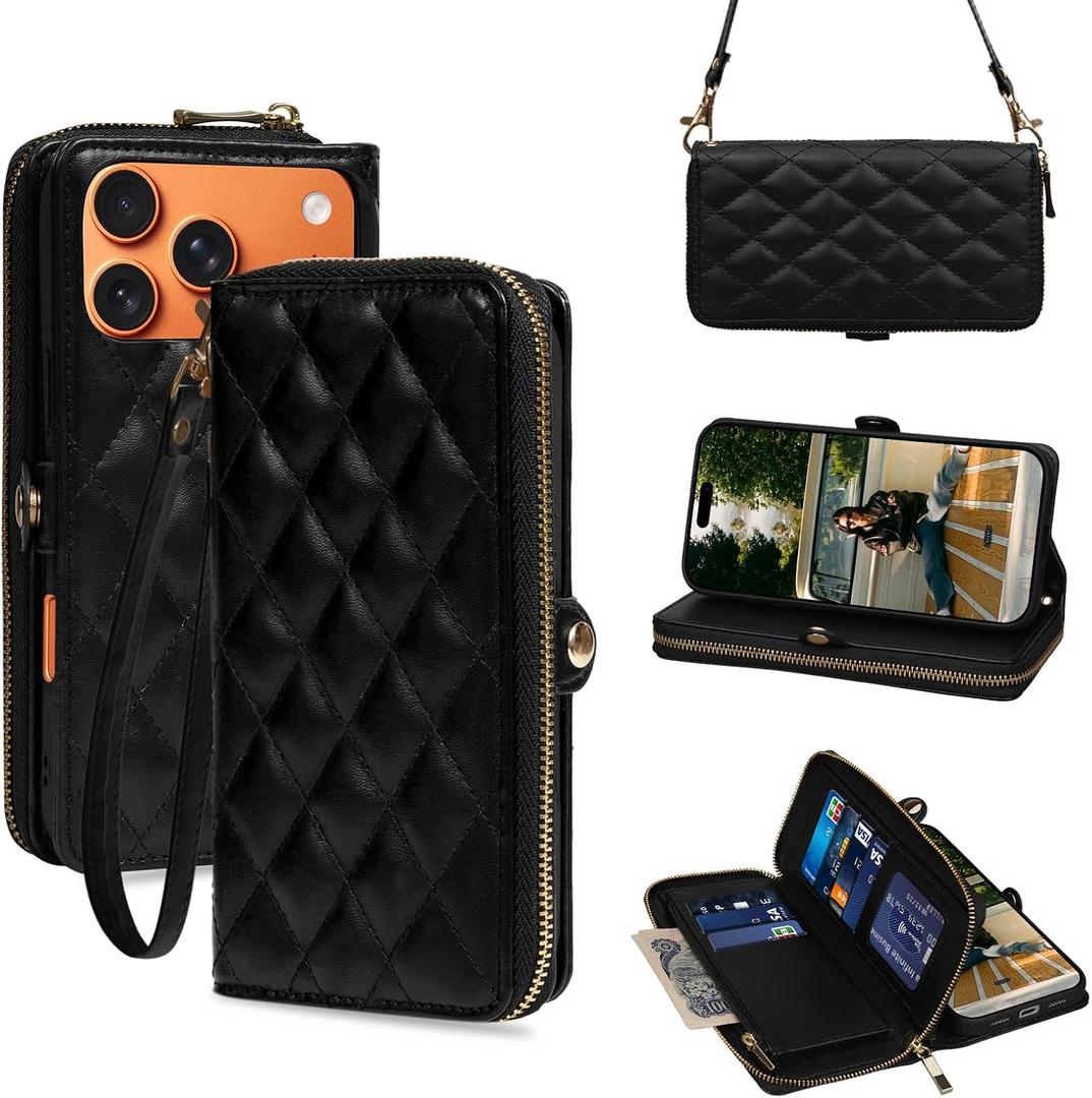 Rssviss Crossbody Case for iPhone 17 Pro Max Case Wallet, RFID Blocking Leather with Card Holder Kickstand, Handbag Zipper Flip Cover with Wrist Strap for iPhone 17 Pro Max Men Women 6.9", Black