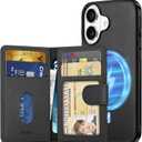 SHIELDON Wallet Case for iPhone 16 6.1", Genuine Leather Detachable Magnetic RFID Blocking 6 Card Slots, Slim Wireless Charging Protective Phone Case Compatible with iPhone 16 2024 - Nappa Black