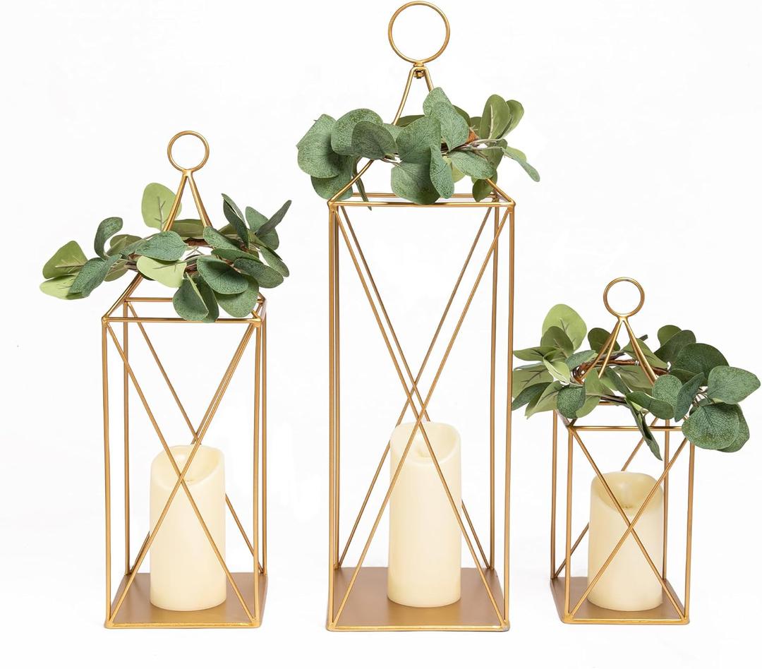 HPC Decor Tall Metal Lantern Decor Set of 3-24" 19" 13" Elegant Decorative Lanterns with Garlands-Modern Gold Candle Lanterns for Garden Porch Decor,Indoor/Outdoor for Wedding Dcor,Party,Home Decor.