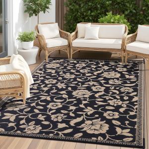 OLANLY Waterproof Outdoor Rug 8x10 ft, Outdoor Plastic Straw Rug with Flower Pattern, Reversible RV Mat for Patio, Camping, Balcony, Deck, Backyard, Black & Beige