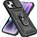 SunStory Compatible with iPhone 13 Case/iPhone 14 Case with HD Screen Protector & Slide Camera Cover & Rotated Ring Kickstand,[Military-Grade] Phone Case for iPhone 13/14(Black)